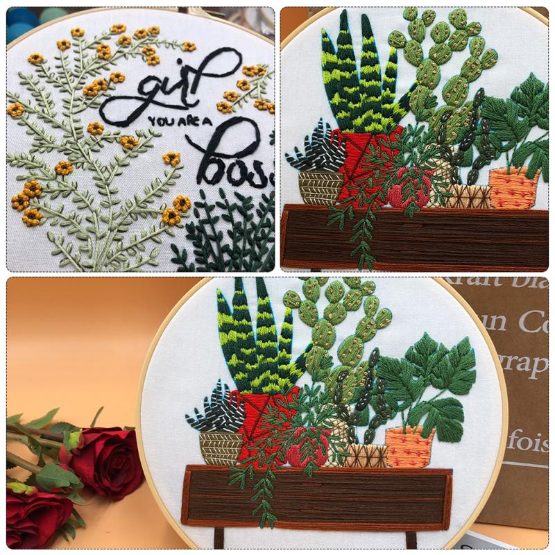 4 szt. Kwiat Doniczkowy Haft Zestaw Tkanin z Zestawami Materiałów DIY 15 cm + 20 cm Bambusowy Haft