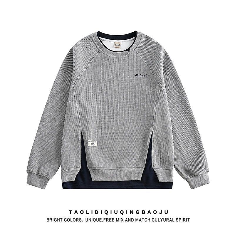 

Ins Fake Two-piece Sweatshirt for Boys Autumn Winter New American Casual Embroidery Loose Contrast Stitching L серый