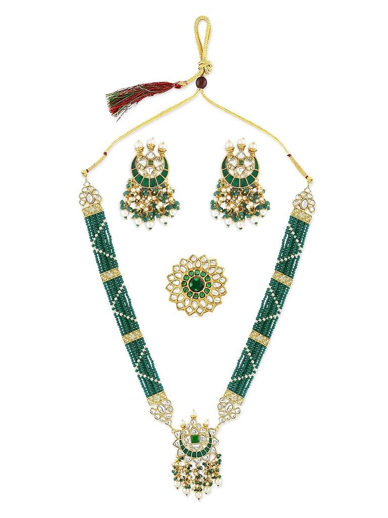 Green Beaded Meenakari Long Kundan Necklace Earring & Ring Set For Women