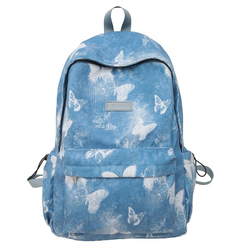 Women's Butterfly Printed Backpack Corduroy Student School Bag Large Capacity Class Backpack