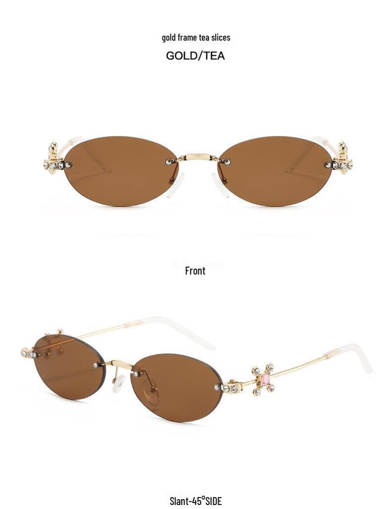 Jennie Style Frameless Oval Sunglasses with Rhinestones & Anti-Blue Light Lenses