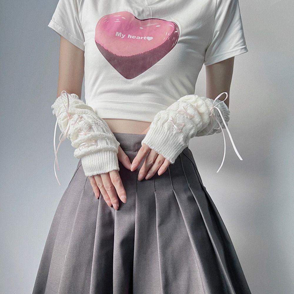 Gothic Y2K Knitted Gloves Harajuku JK Lolita Arm Sleeves Fashion Bowknot Oversleeve  Girls