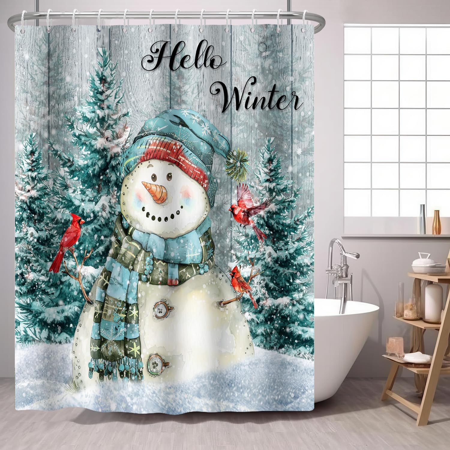 

Рождественский снеговик Занавеска для душа Зимний сад Винтажный фонарь Рождественская гирлянда Фермерский дом Сосна, Деревенский праздник Синяя тканевая занавеска для душа 120x180CM