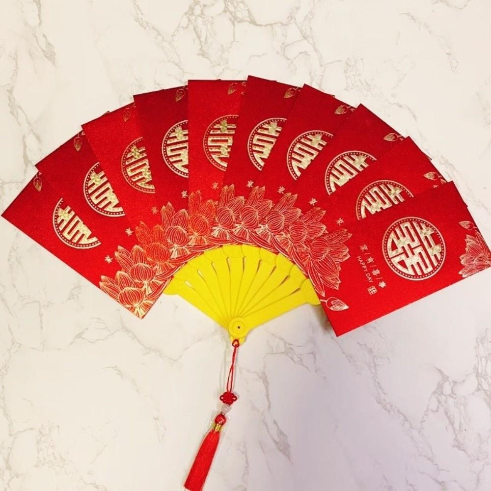 Traditional Fan Design Red Envelope with Chinese Knot Tassel Wedding Money Bag Bonus Paper Hongbao Lucky Money Packet Birthday