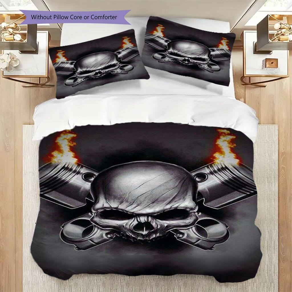 Skull Flames Wings Engines Three-piece Set (1 * Duvet Cover + 2 * Pillowcase, Without Core) 2D Flat Christmas Birthday Gift Duvet Cover and Pillowcase