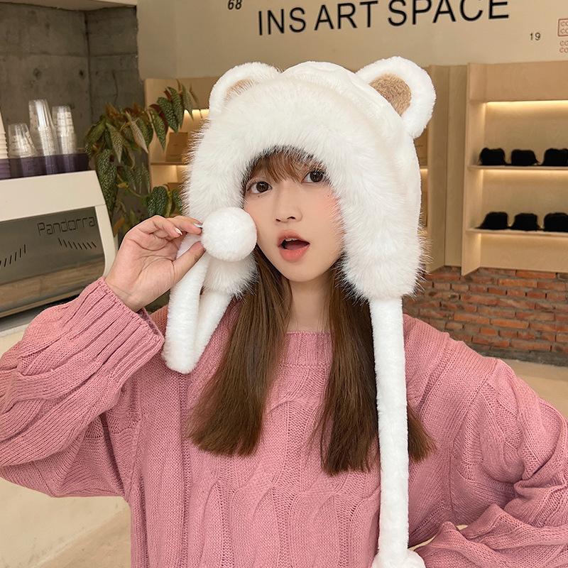 Plush Cute Bear Ear Hat for Women Autumn and Winter Korean Style Warm Ear Protection Hat Thickened Warm Headband Hood