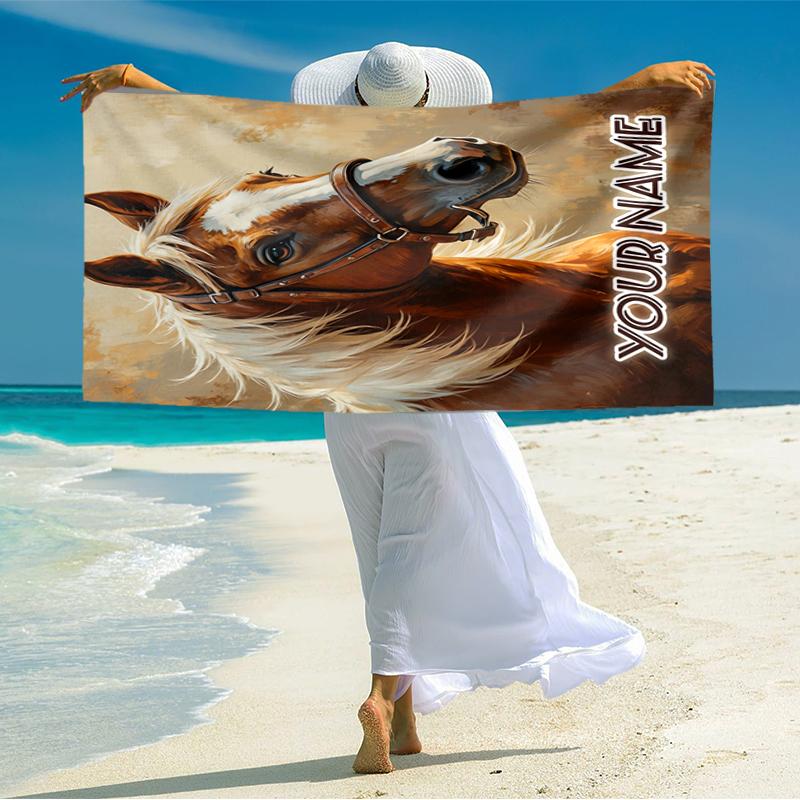 1PC Custom Name Horse Portrait Art Beach Towel Highly Absorbent And Sand-Resistant Towel for Swimming, Pool, Yoga, And Travel Lightweight
