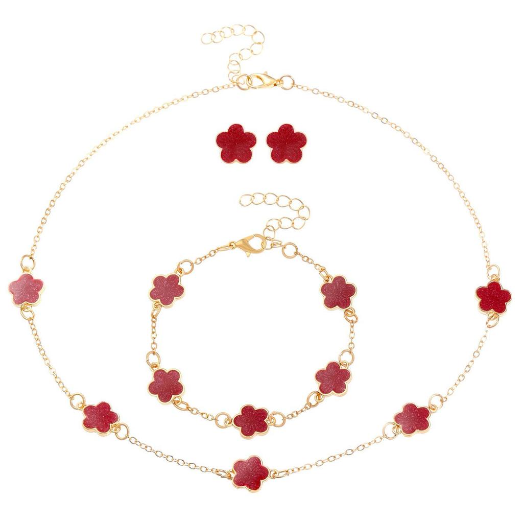 Koreaanse Stijl 4-delige Sieradenset: Bloemenarmband, Ring, Oorbellen met Stud & Klavertje Vier Ketting