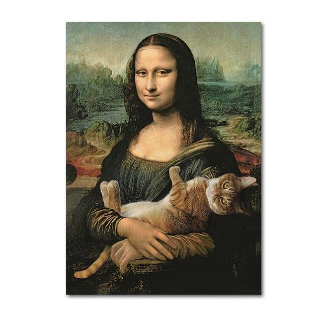 Funny Mona Lisa Art Poster Mona Lisa and Cats Canvas Painting Retro Wall Art Pictures for Living Room Home Decorarion (No Frame)
