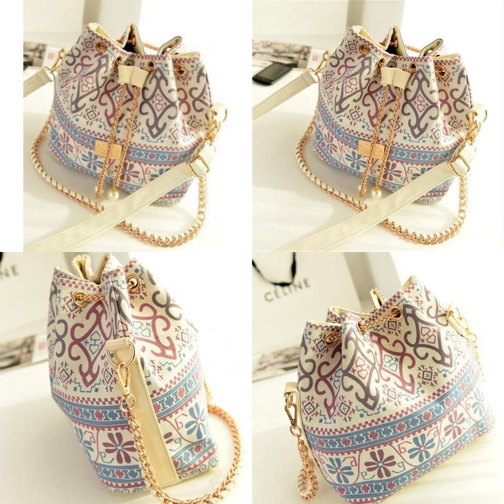 Oxford Canvas Bucket Bag For Women With Flower Print Design And Chain For Daily Use