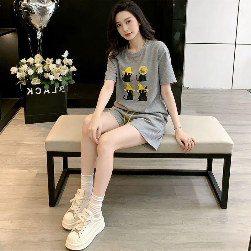 Korean Casual Women's Summer Shorts & Cartoon T-Shirt Set: Loose, Slimming, Short-Sleeve Sportswear