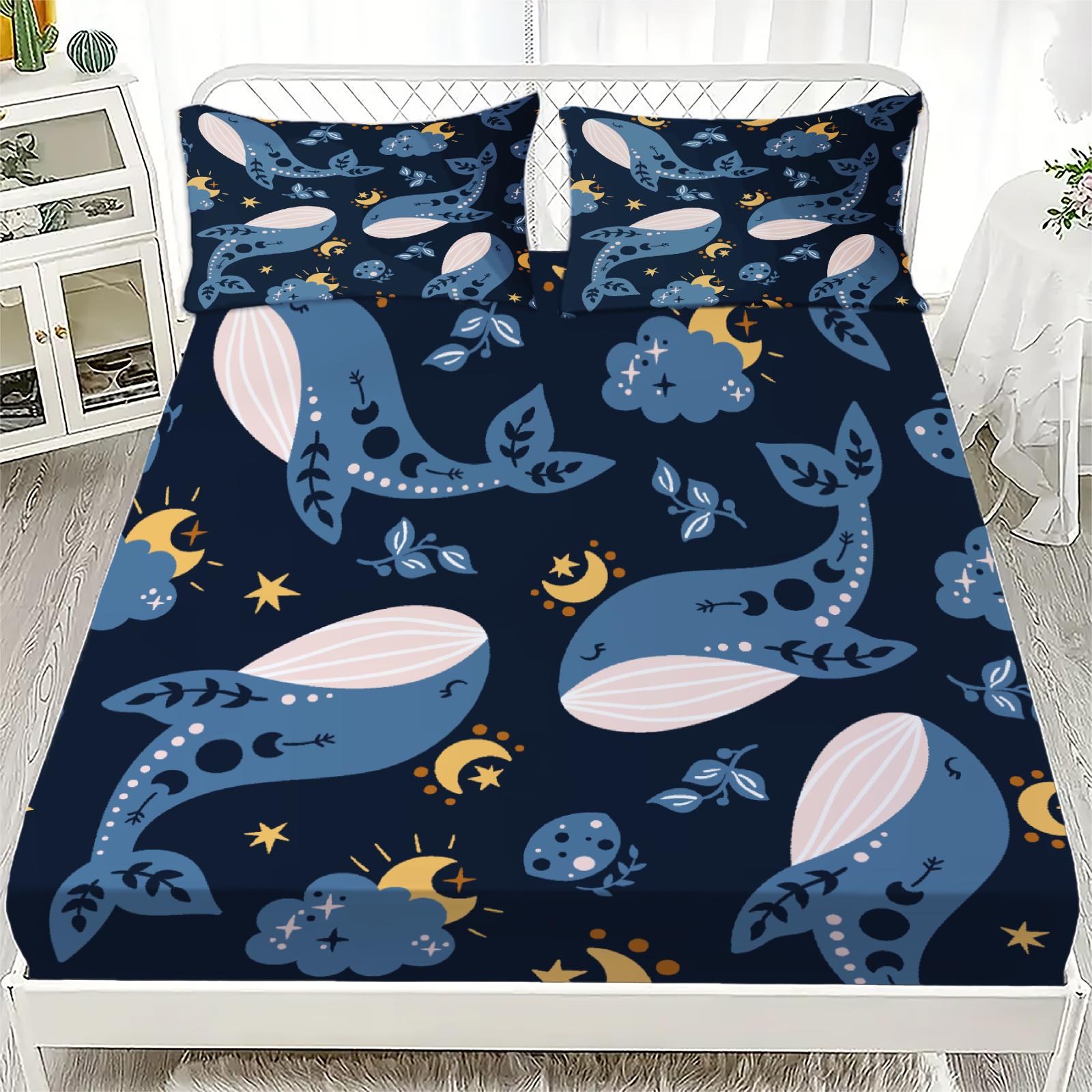 

3pcs Fitted Sheet Set Dormitory Decor For Student Children Cosmic Whales Stars Planets Galaxies Print Bed Sheet With Pillowcases 100x200x25cm
