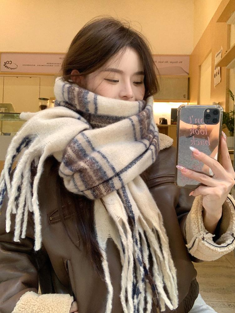 Knitted Scarf Headscarf Winter Women Men Preppy Plaid Tassel Warm Scarve Pashmina Mujer Femme Male Pareo Thick Wrap Shawl Unisex