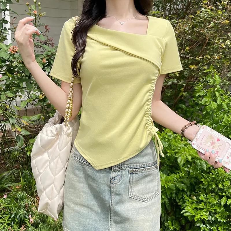 Women's Asymmetrical Neck Drawstring Ruched Short Sleeve Crop Top