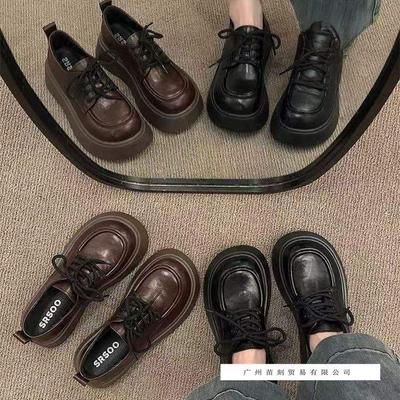 Britischer Stil Großer Kopf Kleine Lederschuhe Damen Herbst Schwarze Schnür-Loafer Retro Einzelne Schuhe