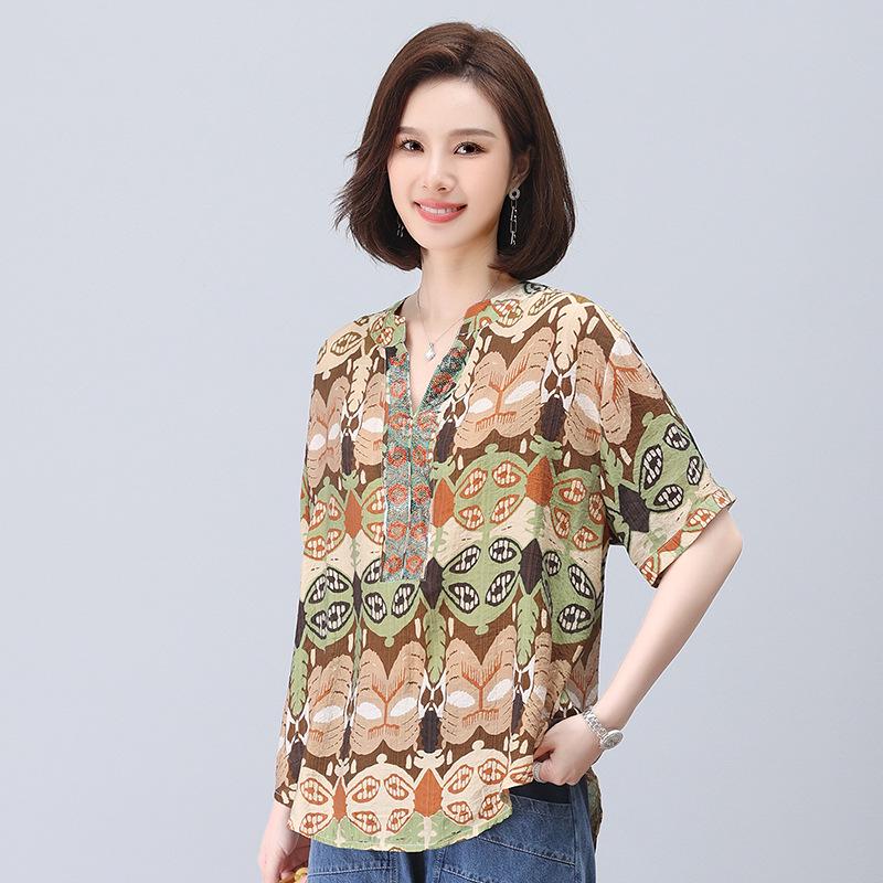 

Этническая блузка в стиле ретро с V-образным вырезом на лето - Свободный крой, короткий рукав, легкий топ для женщин L хаки