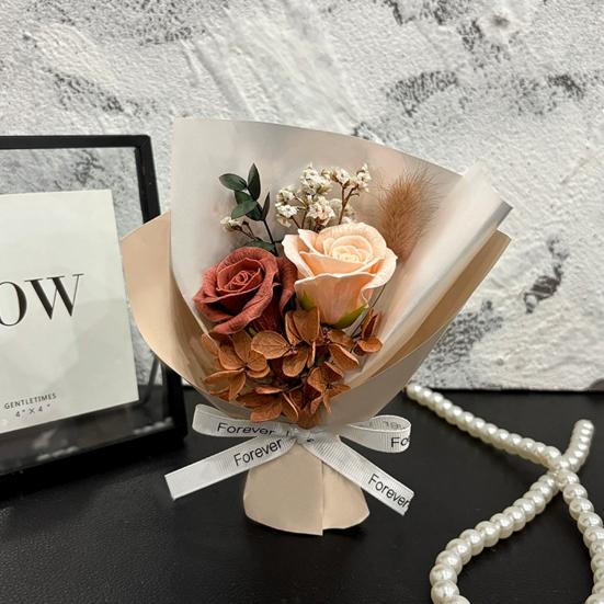 2 Heads Mini Aromatherapy Soap Rose Bouquet Scented Artificial Flower Arrangement for Women Romantic Preserved Floral Gift for Women Mom