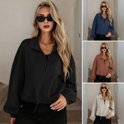 Kadın Tam Fermuarlı Kısa Ceket Günlük Uzun Kollu Dik Yaka Crop Ceket Büzgülü Etek Ucu Sonbahar Cepli Sweatshirt