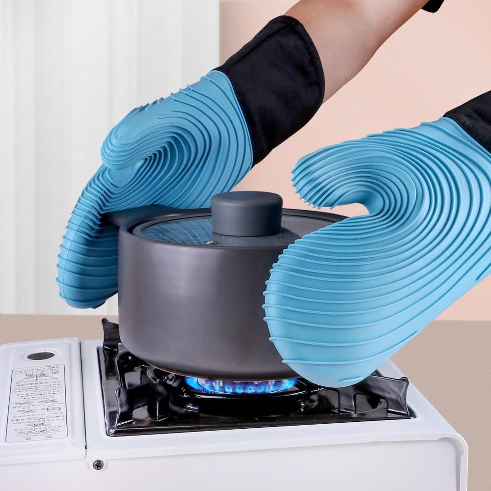 Silikon-Ofenhandschuhe zur Hitzedämmung, geeignet zum Kochen, Backen und Grillen, verlängertes Modell, BPA-frei, leicht zu reinigen, flexib
