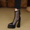 Summer Breathable Mesh Cooling Boots Women's Thin Super High Heel Platform Block Heel Pointed Toe Hollow Out Sexy Mesh Boots