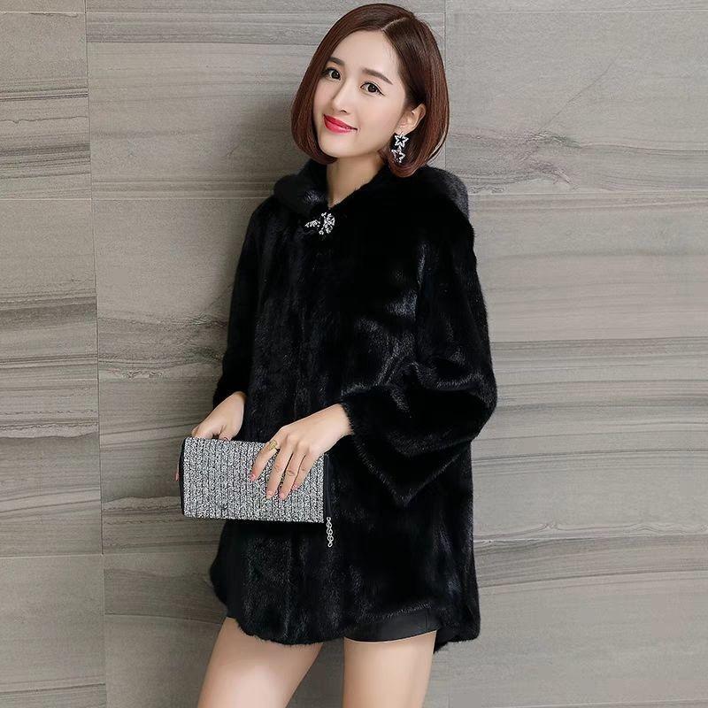 Haining New Imitation Mink Coat Women's Medium and Long Autumn and Winter Thickened Imitation Mink Velvet Hooded Imitation Fur Coat