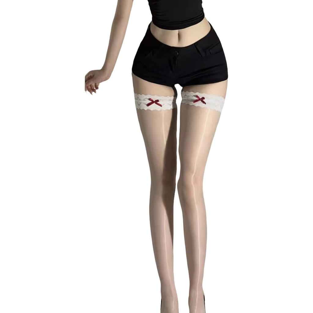 Ladies Oil Glossy Lace Top Over Knee Stockings with Bowknot Sheer Shimmery Thigh High Long Socks for Performers Hosiery