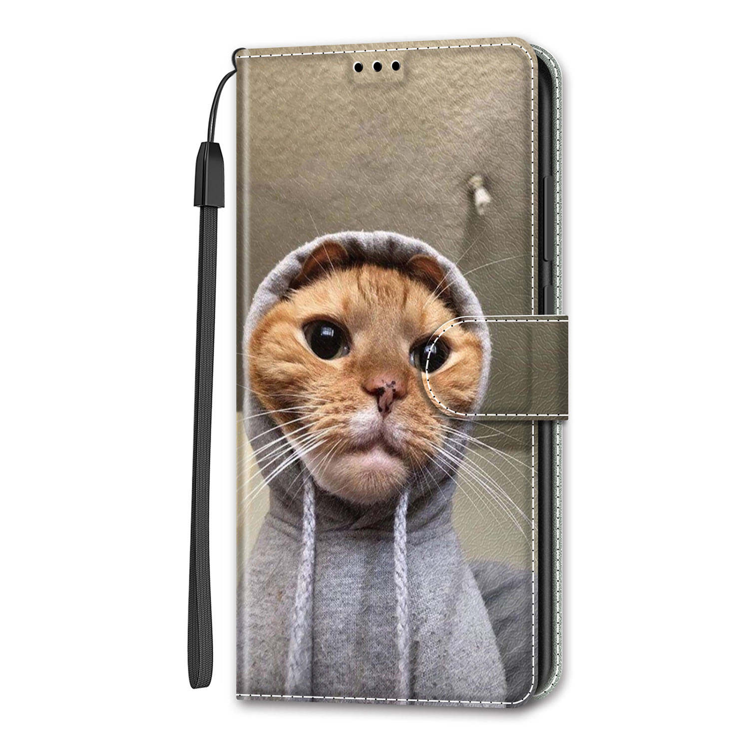 

Кот в толстовке из искусственной кожи Кошелек-книжка с фоторамкой для iPhone Samsung Huawei Honor Xiaomi Redmi Oppo Sony Motorola Nokia Google Samsung Galaxy A05s серый