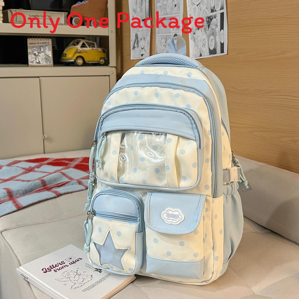Nylon School Backpack For Girls With Polka Dot Pattern And Padded Shoulder Straps For Campus Use