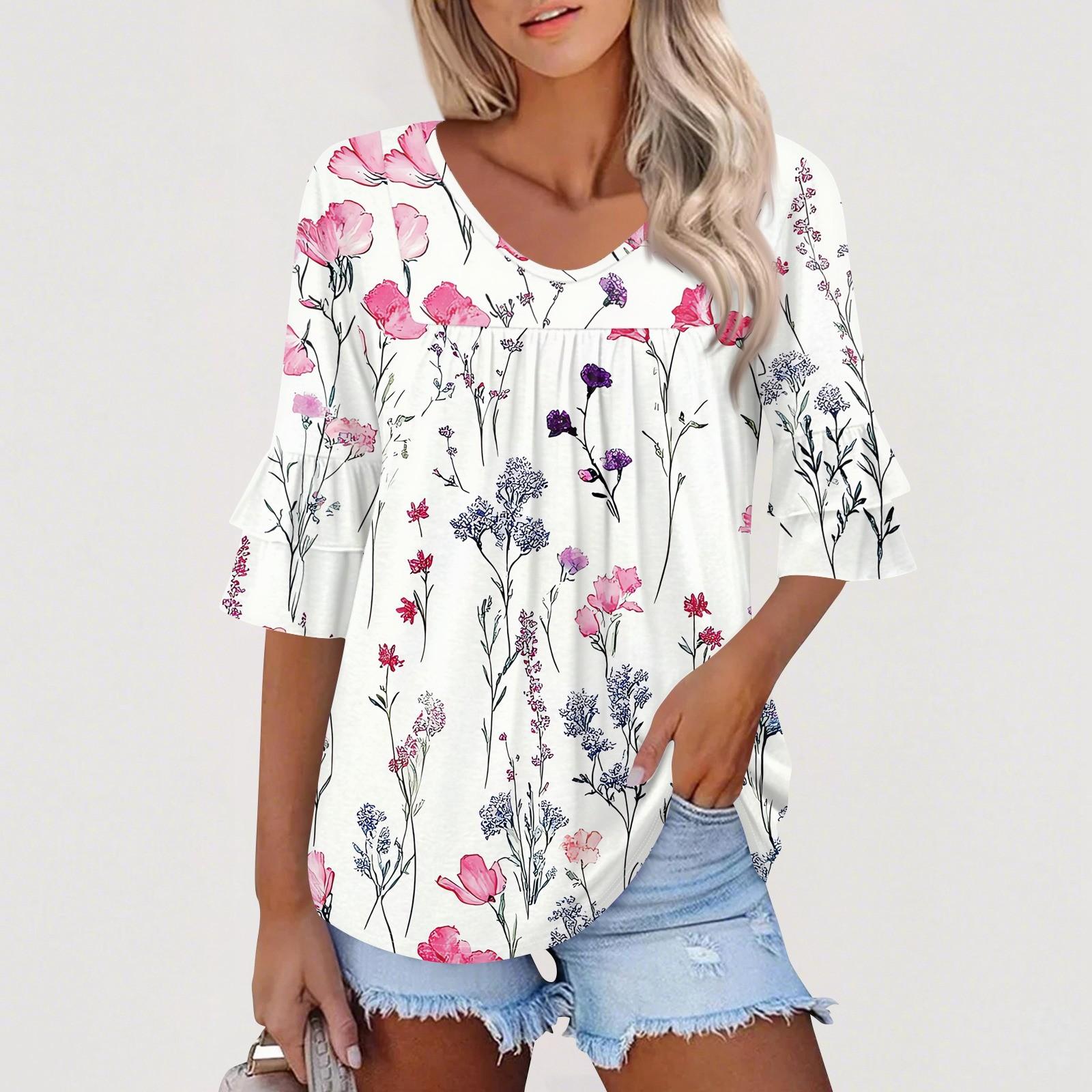 

Женские топы с рукавами 3/4, нарядные повседневные блузки, свободные туники с рукавами-колокольчиками и оборками, футболки с V-образным вырезом XXL белый