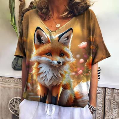 Cartoon Fox 3d Printed T-shirt, Retro Short-sleeved V-neck, Y2K Animal, Oversized Harajuku, Women's Clothing