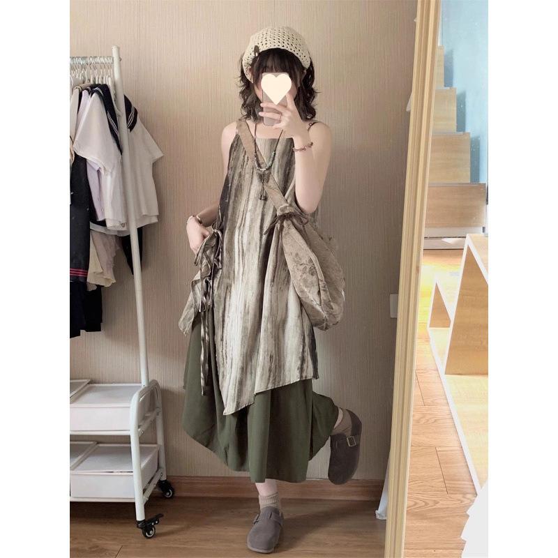 New Chinese Retro Tie-dye Suspender Dress Spring and Summer New Vacation Travel Small Long Dress Women Loose