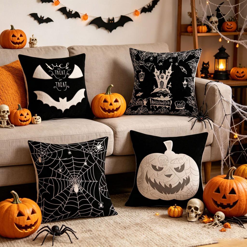 Halloween Decorative Pillow Cover 45x45cm Bat Pumpkin Print Cushion Case for Sofa Bed Home Atmosphere Decoration