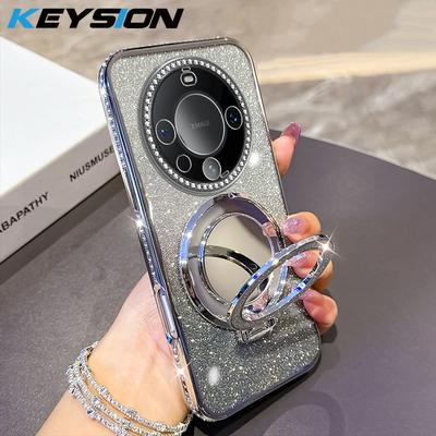 KEYSION Luxury Glitter Jewelled Magnetic Phone Case for Huawei Mate 60 Pro 50 Pro 40 Pro Makeup Mirror Stand Shockproof Cover