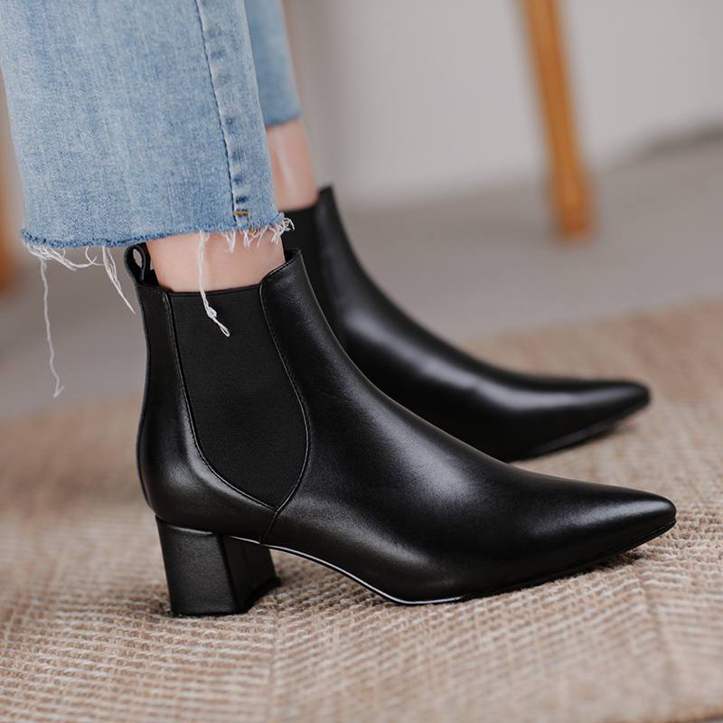 Krazing Pot Kravská kůže Zimní Špičaté špičky Silné střední podpatky Chelsea boty Dámské Nazouvací Velká velikost Retro Stručný styl Kotníkové boty