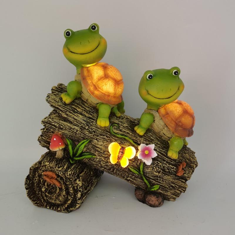 Two Turtles Standing on A Tree Stump Resin Crafts Display Outdoor Animal Solar Lighting Decorations Gothic Home Decor Statue