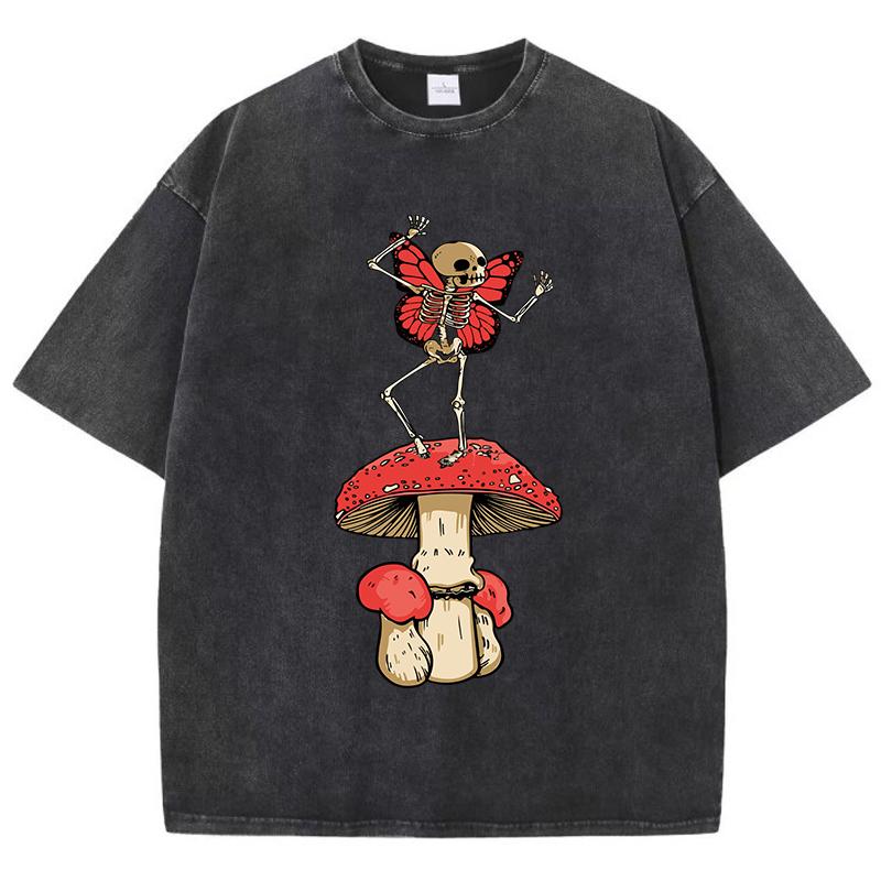 Dancing Mushroom Skeleton Fairy Print Washed T-Shirt Women Summer Casual T Shirts Cotton Streetwear Loose Clothes