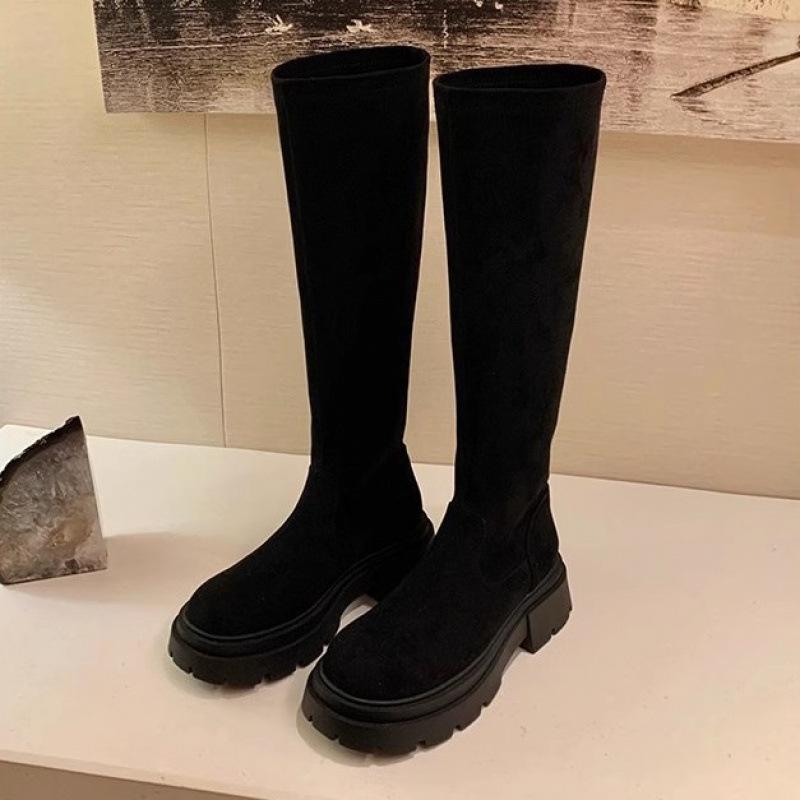 Rindsleder~ Stiefel Damen Dicksohlige Kleine Skinny Ritterstiefel Elastisches Wildleder Overknee-Stiefel