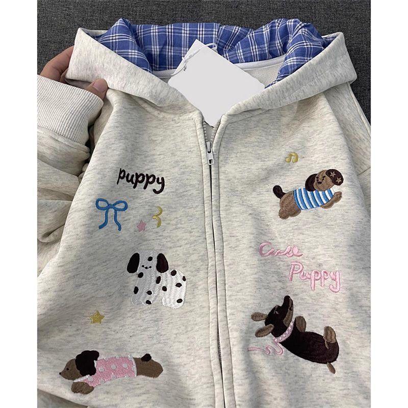 Dog Embroidered Plaid Hooded Sweater Cardigan Women's Spring and Autumn New Korean Lazy Style Chic Coat