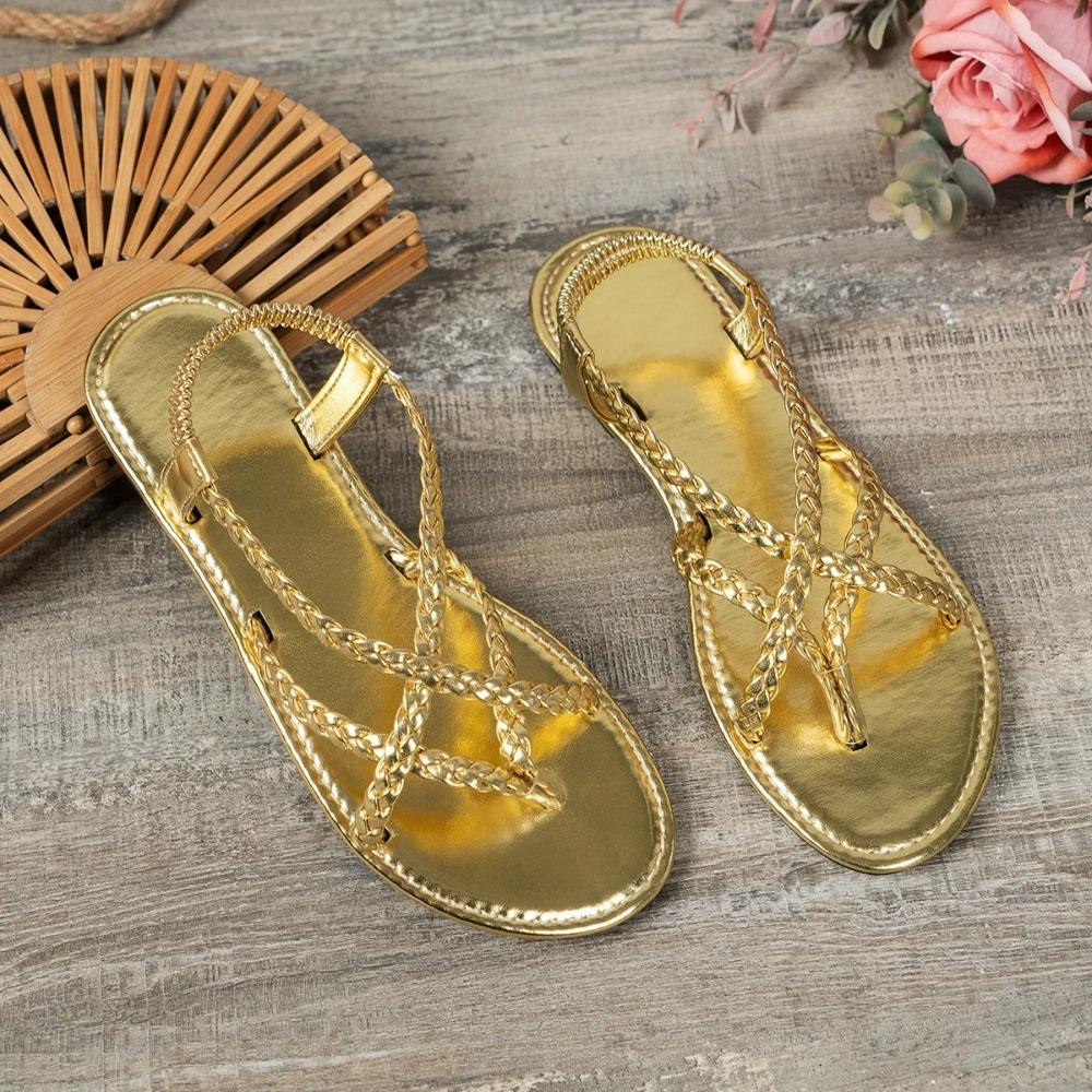 

Women Beach Woven Hollow Sandals Women Flats Casual Clip Toe Sandals Summer Walking Zapatos Dress Femme Slides 36 золотой