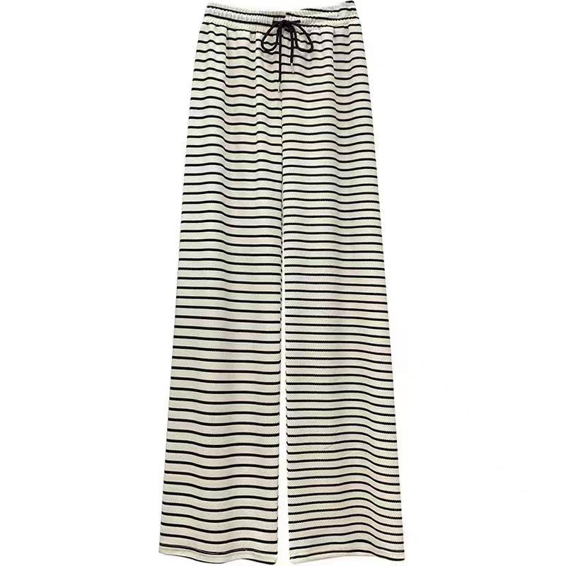Women's High Waist Black & White Striped Wide Leg Terry Pants