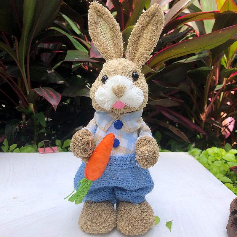 Easter Rabbit Decoration Straw Rabbit Ornament Creative Artificial Bunny Figure 25cm Home Holiday Cute with Flower Wreath