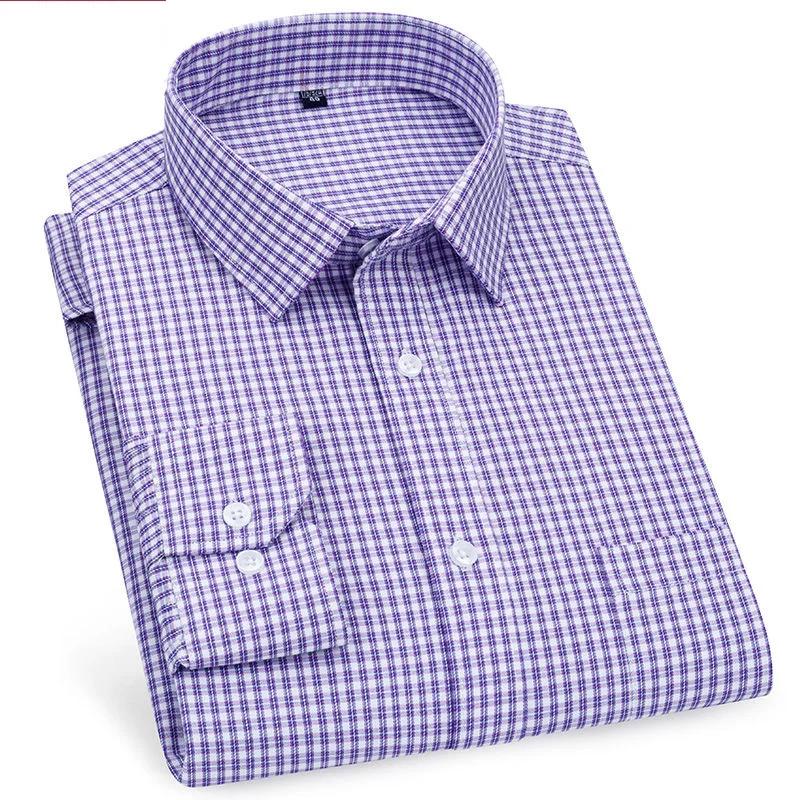 Men's Business Casual Shirts Purple Blue Cotton Regular Fit Long Sleeve Classic Plaid Striped Checked Social Work Dress Shirts