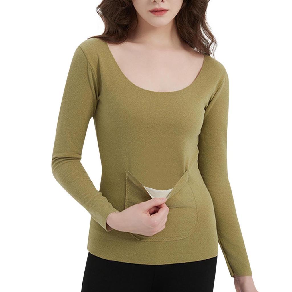 Women's Solid Color Front And Back Pockets Long Sleeved Seamless Waist Warm Top