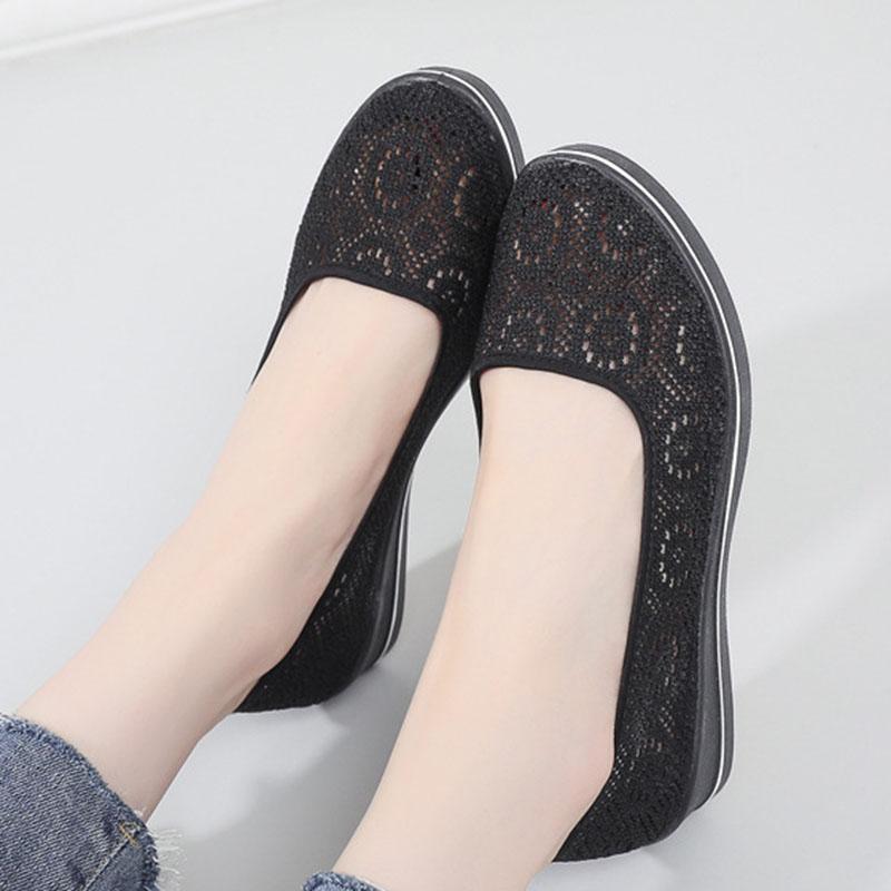 Fashion Comemore White Lace Hollow Breathable Shoes Flat Mid Wedge Heel Women's Summer Slip On Shoes Size 34-41 Black Sneakers Women