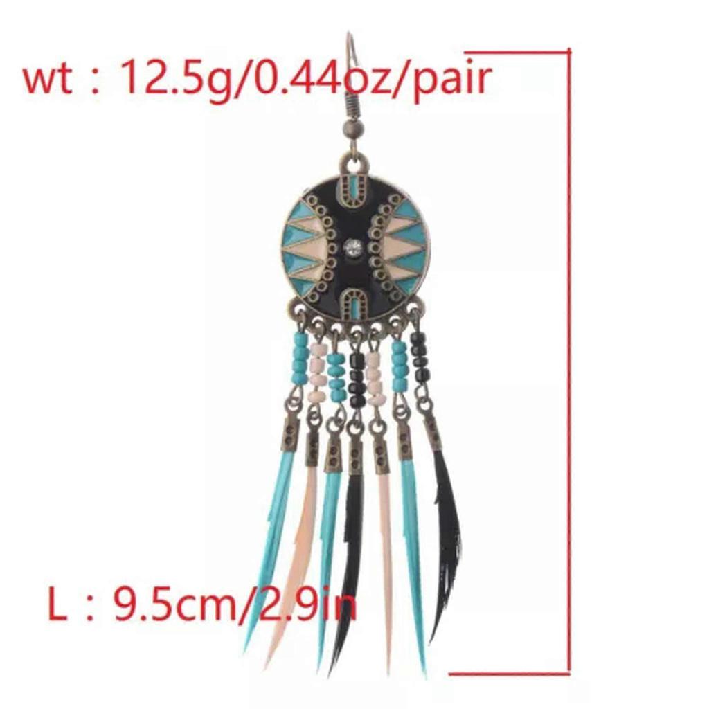 RSAMD Bohemian Boho Flower Carved Round&Colorful Feather Tassel Women Hook Earrings-14#
