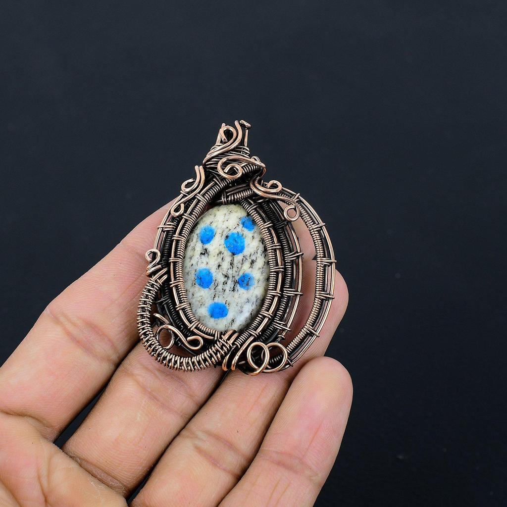 K2 Azurite Pendant, 999 Copper Wire Wrapped Gemstone Jewelry, Handmade Pendant, For Thanksgiving