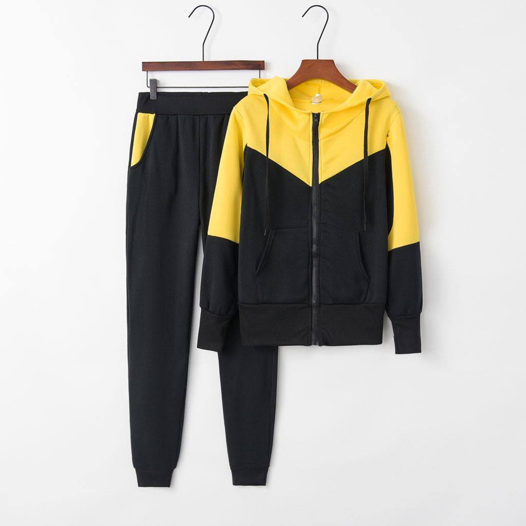 Women Solid Color Hooded Sweatshirt and Pant Tracksuit Sport Suit