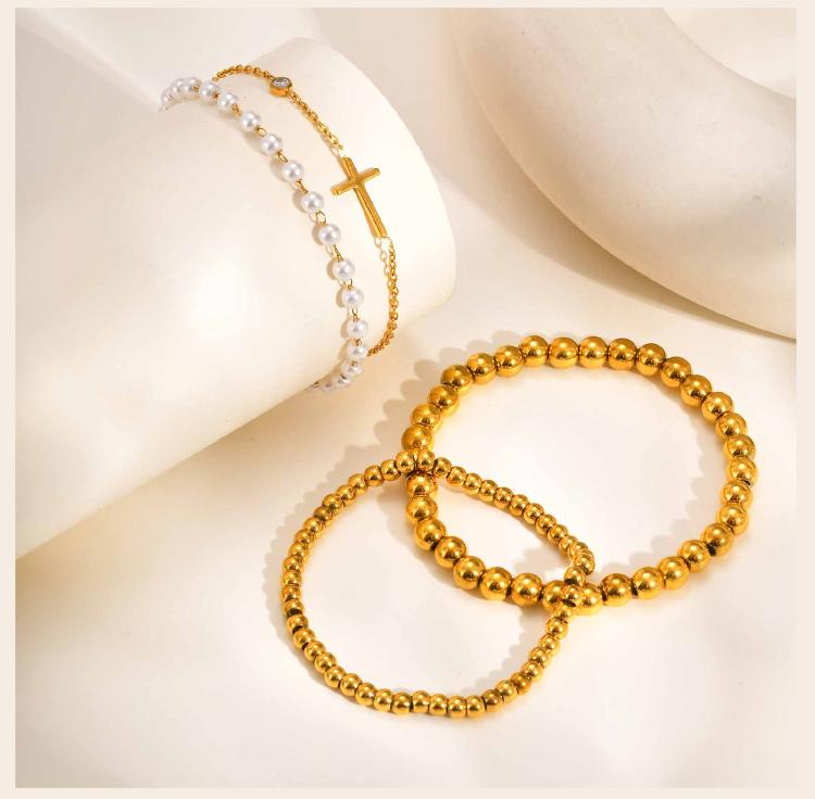 Women's Stainless Steel Beaded Ball Bracelet, Pearl Bracelet, Non-Tarnish Stackable Jewelry Adjustable Wedding Accessories