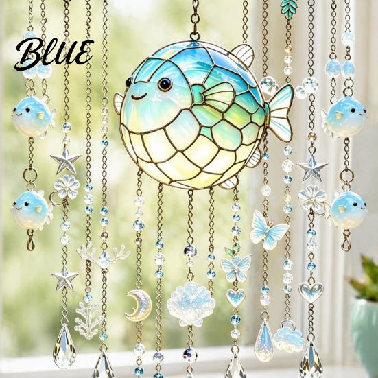 Coastal Balcony Decoration Ocean-Themed Crystal Wind Chime Stained Acrylic Jellyfish Seahorse Pufferfish Hanging Suncatcher Marine Ornaments