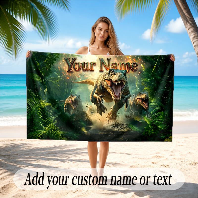 Dinosaur Theme Quick Dry Beach Towel Custom Name Text Print Large Sand Resistant Towel Beach Vacation